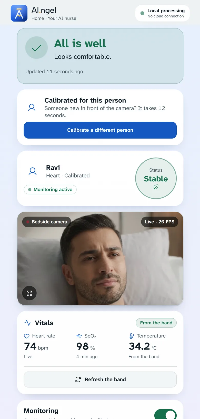 The AI.ngel family app home screen showing All is well, the bedside camera and the vitals